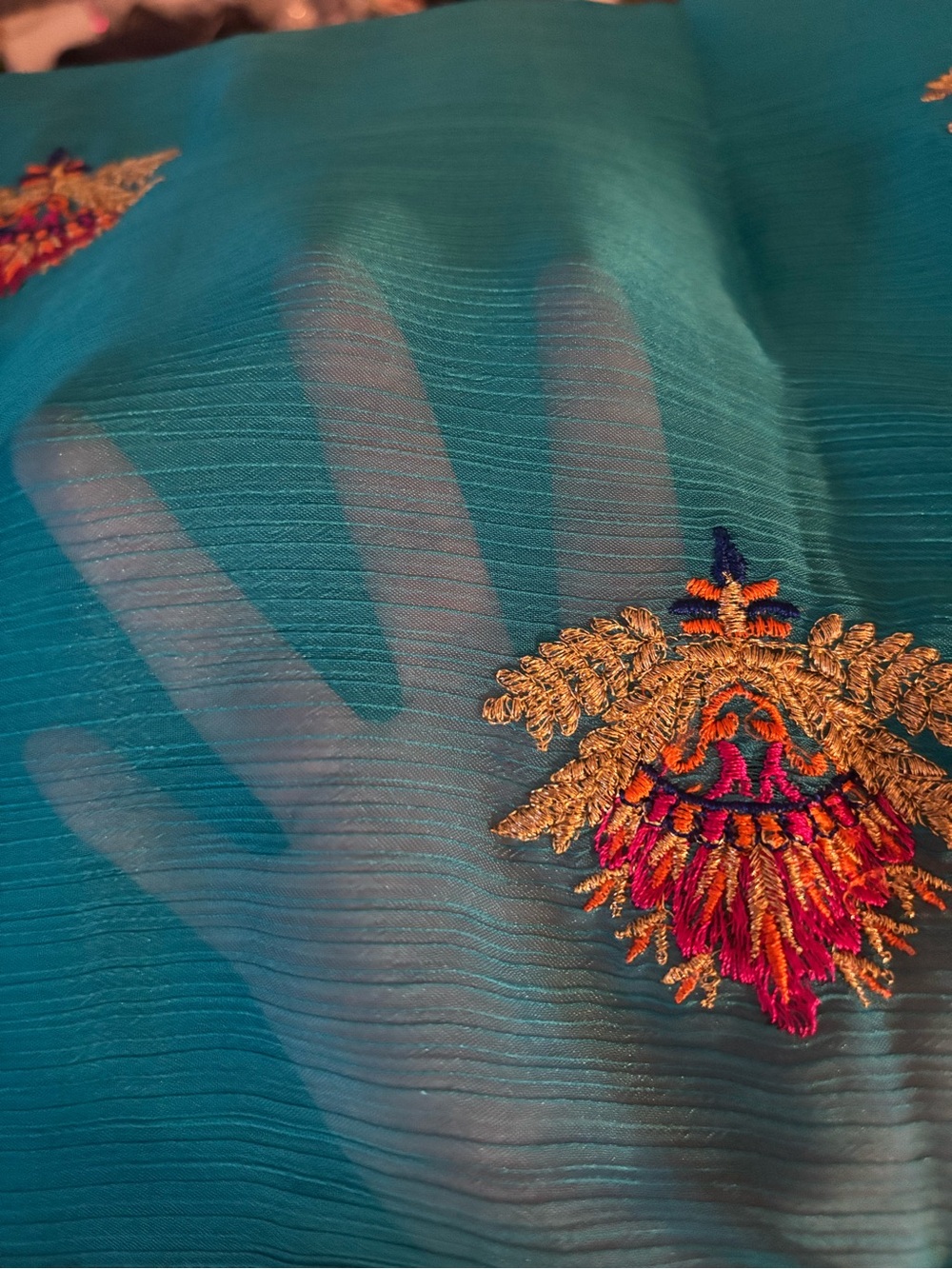 Turquoise Blue Embroidered Women's Saree with Gold Accent - Picture 5 of 5